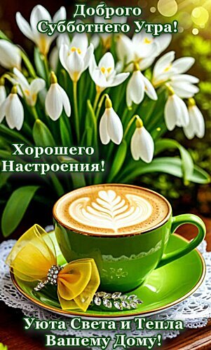 Доброе субботнее утро! Красивая открытка с цветами и чашкой кофе. Желаем хорошего настроения, уюта, света и тепла вашему дому. Приятного отдыха! Открытка Доброе утро!