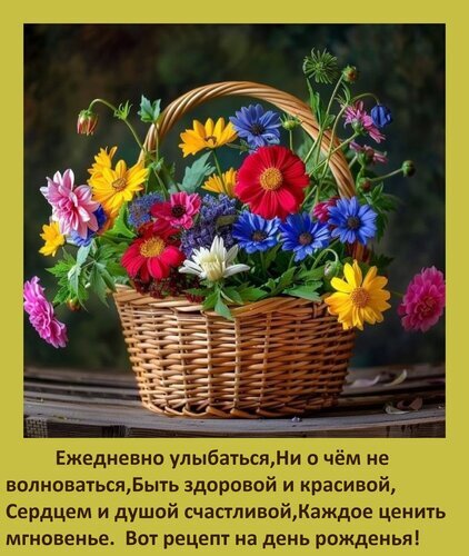 Яркая корзина с цветами и доброе поздравление с днем рождения на русском языке. Красочная открытка с пожеланиями счастья, здоровья и радости. Открытка Рецепт на день рождения для женщины.