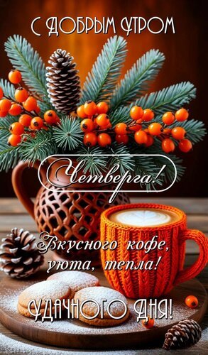 Доброе утро! Пожелание удачного четверга с уютным кофе, печеньем и осенними ягодами. Теплая открытка для хорошего настроения в этот четверг. Открытка Четверг