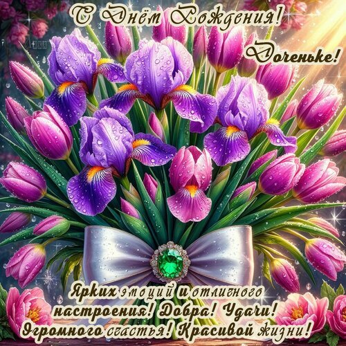 Поздравительная открытка «С Днем Рождения, Доченьке!» с пышным букетом фиолетовых ирисов и розовых тюльпанов, блестками и теплыми пожеланиями счастья и удачи. Открытка С Днем Рождения Дочери