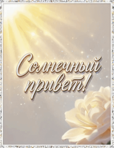 Красивая открытка «Солнечный привет!» с солнечными лучами, цветами и золотистым мерцанием. Идеально для доброго пожелания и настроения! Анимированная открытка Солнечный приветик