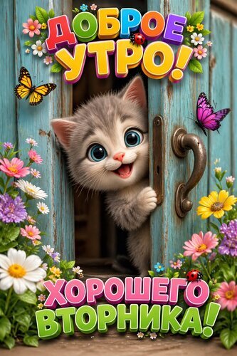 Милый котенок с цветами и бабочками: яркая открытка с пожеланием «Доброго утра и хорошего вторника!» для отличного настроения. Открытка Доброе утро, хорошего вторника
