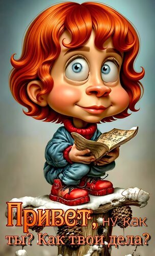 Милая 3D-иллюстрация: рыжеволосый мальчик читает книгу на снегу. Картинка с надписью «Привет, ну как ты? Как твои дела?» для дружеских приветствий. Открытка Привет. Как дела?