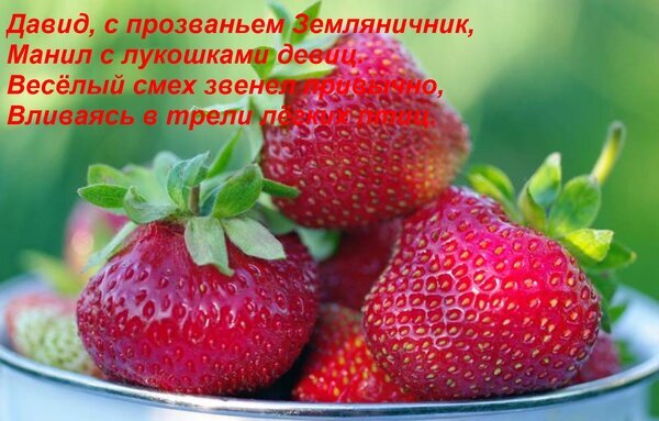 Сочные спелые ягоды клубники в миске с романтической надписью на русском языке. Летнее настроение, свежесть и поэзия на ярком фоне. Открытка Давид, с прозваньем Земляничник, манил с лукошками девиц. Веселый смех звенел привычно...