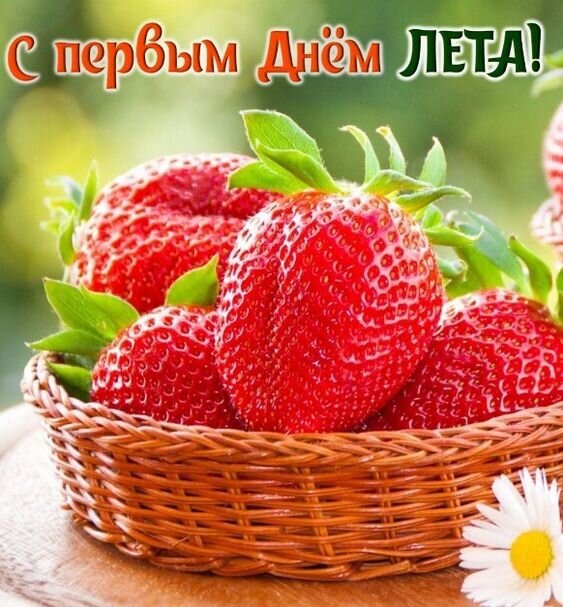 Поздравление с первым днем лета: сочная спелая клубника в плетеной корзинке и белая ромашка. Яркая летняя открытка для праздничного настроения. Открытка С первым днем лета!