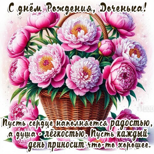 Поздравительная открытка «С днем рождения, доченька!» с пышным букетом розовых пионов в корзине и нежным пожеланием радости и легкости. Открытка С днем рождения, доченька! Поздравительная открытка «С днем рождения, доченька!» с пышным букетом розовых пионов в корзине и нежным пожеланием радости и легкости. Открытка С днем рождения, доченька!