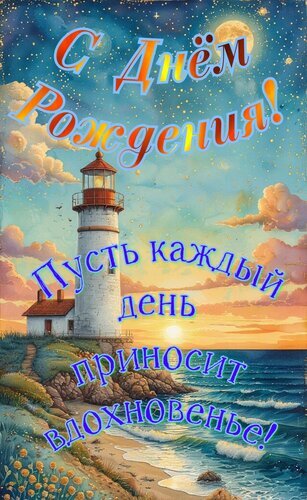 Открытка «С Днем Рождения!» с маяком на фоне заката и моря. Текст: «Пусть каждый день приносит вдохновенье!». Красивое поздравительное изображение для близких. Открытка С днем рождения. Пусть каждый день приносит вдохновенье! Открытка «С Днем Рождения!» с маяком на фоне заката и моря. Текст: «Пусть каждый день приносит вдохновенье!». Красивое поздравительное изображение для близких. Открытка С днем рождения. Пусть каждый день приносит вдохновенье!