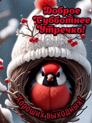 Милая открытка с красной птичкой в зимней шапке. Надписи: «Доброе субботнее утречко!» и «Хороших выходных!». Идеально для поздравления в субботу утром. Анимированная открытка Доброе субботнее утречко! Милая открытка с красной птичкой в зимней шапке. Надписи: «Доброе субботнее утречко!» и «Хороших выходных!». Идеально для поздравления в субботу утром. Анимированная открытка Доброе субботнее утречко!