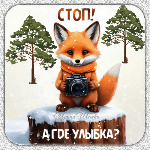 Милый лисенок с фотоаппаратом в зимнем лесу. Картинка с надписью «СТОП! А ГДЕ УЛЫБКА?» для поднятия настроения и позитивных открыток. Анимированная открытка Стоп! А где улыбка?