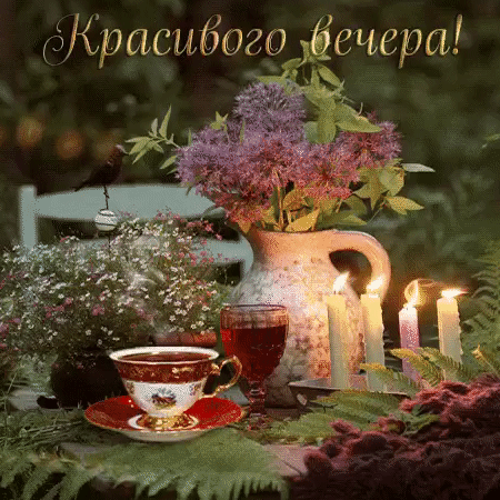 Уютный вечерний натюрморт с цветами, чашкой чая и свечами. Красивая открытка с надписью «Красивого вечера!» для пожелания доброго вечера близким. Анимированная открытка Добрый вечер! Уютный вечерний натюрморт с цветами, чашкой чая и свечами. Красивая открытка с надписью «Красивого вечера!» для пожелания доброго вечера близким. Анимированная открытка Добрый вечер!