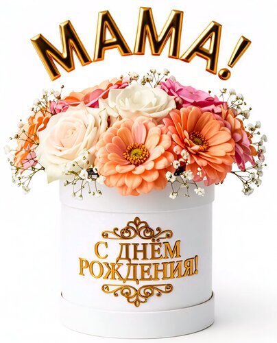 Цветочный букет в белой коробке с надписью «С днем рождения, Мама!». Композиция из роз и оранжевых гербер с золотым топпером. Идеальный подарок для мамы. Открытка Мама, с днем рождения! Цветочный букет в белой коробке с надписью «С днем рождения, Мама!». Композиция из роз и оранжевых гербер с золотым топпером. Идеальный подарок для мамы. Открытка Мама, с днем рождения!