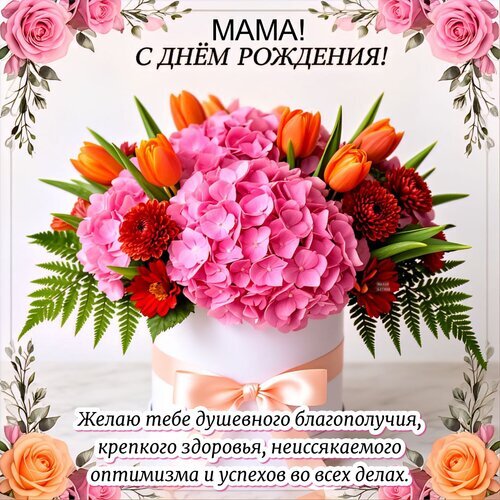Поздравительная открытка «Мама, с днем рождения!» с пышным букетом розовых гортензий и тюльпанов в коробке и теплыми пожеланиями здоровья и благополучия. Открытка Мама! С днем рождения!