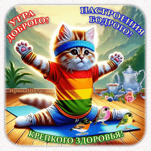 Позитивная открытка Доброго утра!: милый котенок-спортсмен желает бодрого настроения и крепкого здоровья. Идеально для поднятия настроения! Анимированная открытка Доброе утро!
