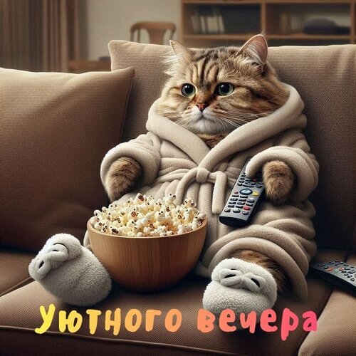 Уютный кот в халате и тапочках отдыхает на диване с попкорном и пультом. Идеальная картинка для создания атмосферы домашнего комфорта и релакса. Открытка Уютного вечера Милое и уютное изображение пушистого кота в мягком бежевом халате и теплых тапочках, который отдыхает на диване. Кот держит пульт от телевизора и наслаждается миской попкорна. Атмосфера домашнего уюта, расслабления и комфортного вечернего отдыха