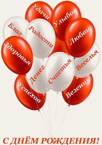 Красочная открытка «С днем рождения!» с красными и белыми шарами, на которых написаны пожелания счастья, любви, здоровья, удачи и успеха. Открытка Успехов денег здоровья радости благ удачи улыбок любви веселья счастья везения С Днем Рождения! Праздничная открытка с надувными красными и белыми шарами на светлом фоне. На каждом шарике написаны добрые пожелания на русском языке: Удачи, Улыбок, Любви, Благ, Радости, Здоровья, Денег, Счастья, Веселья, Успехов и Везения. В нижней части изображения крупная надпись красными буквами: «С ДНЕМ РОЖДЕНИЯ!»