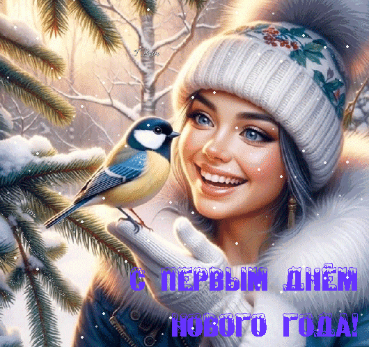 Праздничная открытка «С первым днем Нового года!»: улыбающаяся девушка в зимней одежде и маленькая синица на фоне заснеженного леса. Зимнее настроение. Анимированная открытка С первым днем Нового года! Красочная зимняя открытка, поздравляющая с первым днем Нового года. На изображении улыбающаяся молодая девушка в теплой белой шапке с помпоном и меховом воротнике, рядом с которой на руке в светлой варежке сидит маленькая синица. Фон украшен заснеженными еловыми ветками и мягким падающим снегом. В нижней части картинки расположена праздничная надпись на русском языке: С ПЕРВЫМ ДНЕМ НОВОГО ГОДА! Праздничная открытка «С первым днем Нового года!»: улыбающаяся девушка в зимней одежде и маленькая синица на фоне заснеженного леса. Зимнее настроение. Анимированная открытка С первым днем Нового года! Красочная зимняя открытка, поздравляющая с первым днем Нового года. На изображении улыбающаяся молодая девушка в теплой белой шапке с помпоном и меховом воротнике, рядом с которой на руке в светлой варежке сидит маленькая синица. Фон украшен заснеженными еловыми ветками и мягким падающим снегом. В нижней части картинки расположена праздничная надпись на русском языке: С ПЕРВЫМ ДНЕМ НОВОГО ГОДА!