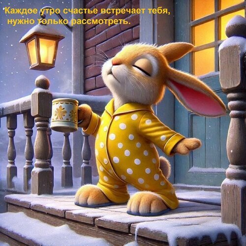 Милый зайчик в желтой пижаме наслаждается утром с кружкой теплого напитка на заснеженной веранде. Уютная картинка с мотивирующей цитатой о счастье. Открытка Каждое утро счастье встречает тебя, нужно только рассмотреть. Милая 3D-иллюстрация с антропоморфным зайчиком в желтой пижаме в горошек, который с удовольствием наслаждается утром на заснеженной веранде. Зайчик держит в лапках дымящуюся кружку, его глаза прикрыты от удовольствия, а мордочка обращена к солнечному свету. На заднем плане виден уютный деревянный дом с теплым светом в окнах и фонарем. На картинке присутствует мотивирующая цитата на русском языке: Каждое утро счастье встречает тебя, нужно только рассмотреть Милый зайчик в желтой пижаме наслаждается утром с кружкой теплого напитка на заснеженной веранде. Уютная картинка с мотивирующей цитатой о счастье. Открытка Каждое утро счастье встречает тебя, нужно только рассмотреть. Милая 3D-иллюстрация с антропоморфным зайчиком в желтой пижаме в горошек, который с удовольствием наслаждается утром на заснеженной веранде. Зайчик держит в лапках дымящуюся кружку, его глаза прикрыты от удовольствия, а мордочка обращена к солнечному свету. На заднем плане виден уютный деревянный дом с теплым светом в окнах и фонарем. На картинке присутствует мотивирующая цитата на русском языке: Каждое утро счастье встречает тебя, нужно только рассмотреть