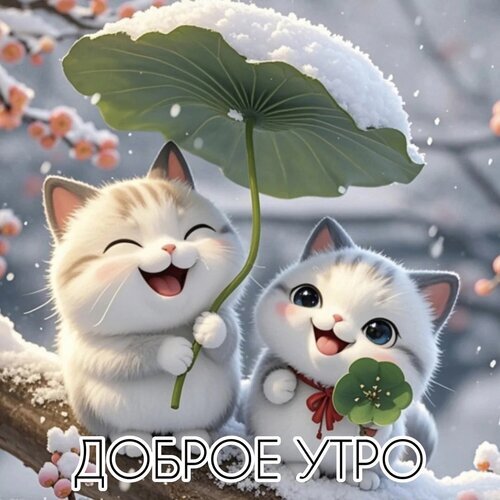 Милые котята под листом лотоса в зимнем саду с надписью «ДОБРОЕ УТРО». Трогательная открытка для пожелания доброго утра и отличного настроения! Открытка Доброе утро Милая и трогательная цифровая иллюстрация с двумя очаровательными котятами в зимнем пейзаже. Пушистые котята с радостными выражениями мордочек сидят на заснеженной ветке. Один котенок прикрывается от снега огромным зеленым листом лотоса, покрытым инеем, а второй держит маленький четырехлистный клевер. Вокруг кружатся снежинки, а на заднем плане видны цветущие ветки с розовыми цветами. В нижней части изображения крупная надпись на русском языке «ДОБРОЕ УТРО»