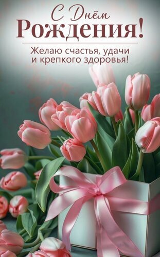 Открытка «С днем рождения!» с букетом розовых тюльпанов в подарочной коробке. Красивое поздравление с пожеланиями счастья, удачи и крепкого здоровья. Открытка С днем рождения Красивая поздравительная открытка к дню рождения с нежным букетом розовых тюльпанов в белой подарочной коробке с атласным бантом. На изображении расположен праздничный текст на русском языке: «С Днем Рождения! Желаю счастья, удачи и крепкого здоровья!». Элегантный цветочный дизайн, идеально подходящий для отправки в мессенджерах, социальных сетях или для загрузки на сайты с праздничными поздравлениями