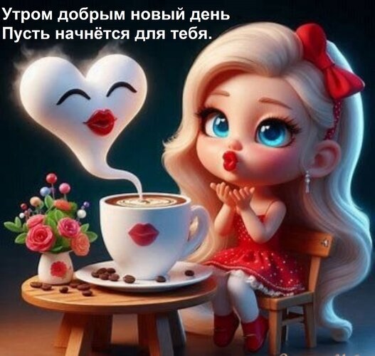 Милая 3D-иллюстрация: девочка, кофе с паром в форме сердца и цветы. Идеальная картинка для пожелания доброго утра и хорошего настроения! Открытка Утром добрым новый день Пусть начнется для тебя. Милая и уютная цифровая иллюстрация в стиле 3D-анимации, изображающая очаровательную девочку с большими голубыми глазами. Она сидит за столиком и с нежностью смотрит на чашку кофе, из которой поднимается пар в форме большого белого сердца. Девочка одета в красное платье, у нее светлые волосы с красным бантом. Рядом стоит ваза с цветами и рассыпаны кофейные зерна. На изображении присутствует надпись на русском языке: 