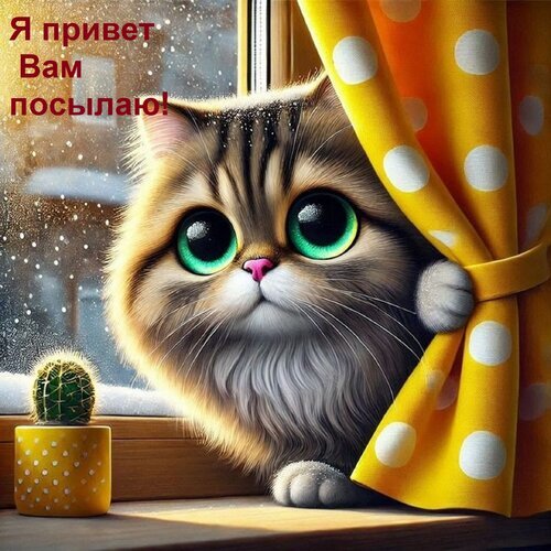 Милый пушистый котенок с большими зелеными глазами выглядывает из-за желтых штор. Картинка с надписью Я привет Вам посылаю! для поднятия настроения. Открытка Я привет Вам посылаю! Милое и очаровательное изображение пушистого котенка с огромными выразительными зелеными глазами, выглядывающего из-за желтых горошковых штор. Малыш сидит на подоконнике рядом с маленьким кактусом в горшке. На заднем плане виден зимний пейзаж за окном. На картинке присутствует надпись на русском языке: 