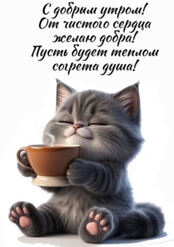 Милая открытка с котенком и пожеланием доброго утра. Теплое текстовое поздравление для друзей и близких. Идеально для WhatsApp и соцсетей. Открытка С добрым утром Милая открытка с изображением пушистого серого котенка, который с удовольствием держит чашку горячего кофе или чая. На картинке начертан добрый текст на русском языке: «С добрым утром! От чистого сердца желаю добра! Пусть будет теплом согрета душа!». Идеальное изображение для отправки в мессенджерах (WhatsApp, Viber, Telegram) или социальных сетях, чтобы пожелать близким, друзьям и коллегам прекрасного и уютного начала дня