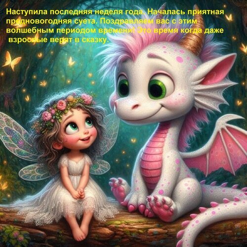 Сказочная иллюстрация с феей и драконом в волшебном лесу. Новогоднее поздравление с магической атмосферой и праздничным настроением. Открытка Наступила последняя неделя года. Началась приятная предновогодняя суета. Поздравляем вас с этим во Милая и волшебная цифровая иллюстрация, изображающая маленькую фею в белом платье и бело-розового дружелюбного дракона. Персонажи сидят на ветке дерева в сказочном ночном лесу, наполненном светящимися частицами и магическим светом. На картинке присутствует текст на русском языке с новогодним поздравлением. Изображение выполнено в стиле современной 3D-анимации, передает атмосферу праздника, уюта и новогодней сказки