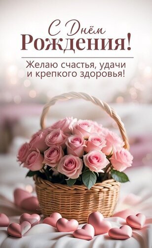 Открытка «С днем рождения!»: букет нежно-розовых роз в корзинке и розовые сердечки. Красивое поздравление с пожеланиями счастья, удачи и здоровья. Открытка С днем рождения! Красивая поздравительная открытка к дню рождения. На изображении представлен изящный плетеный корзинка с пышным букетом нежно-розовых роз. У подножия корзины на белой ткани рассыпаны маленькие розовые сердечки, создающие романтическую и праздничную атмосферу. Сверху на светлом размытом фоне каллиграфическим шрифтом написан текст на русском языке: «С Днем Рождения! Желаю счастья, удачи и крепкого здоровья!»