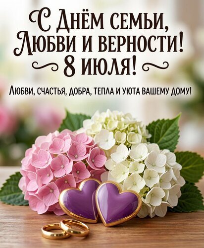 Открытка к Дню семьи, любви и верности 8 июля. Цветы гортензии, кольца и сердца. Пожелание любви, счастья и уюта вашему дому. Открытка С днем семьи любви и верности Праздничная открытка к Дню семьи, любви и верности, который отмечается 8 июля. На изображении представлены нежные розовые и белые гортензии, два золотых обручальных кольца и два декоративных сердца фиолетового цвета. Фон размыт, создавая романтичную атмосферу. Текст на картинке гласит: «С днем семьи, любви и верности! 8 июля! Любви, счастья, добра, тепла и уюта вашему дому!»