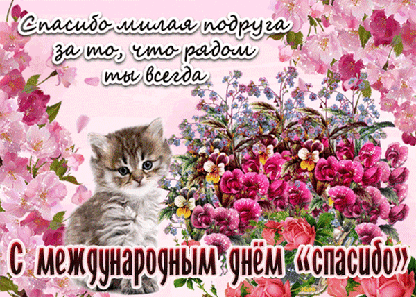 Милая открытка к Международному дню «Спасибо» для подруги с котенком, цветами и словами благодарности. Трогательное поздравление для близких. Анимированная открытка С Международным днем Спасибо! Красочная поздравительная открытка к Международному дню «Спасибо». На изображении запечатлен милый маленький котенок на фоне пышного букета розовых цветов и цветущей сакуры. На картинке расположен трогательный текст на русском языке: «Спасибо, милая подруга, за то, что рядом ты всегда» и «С международным днем 