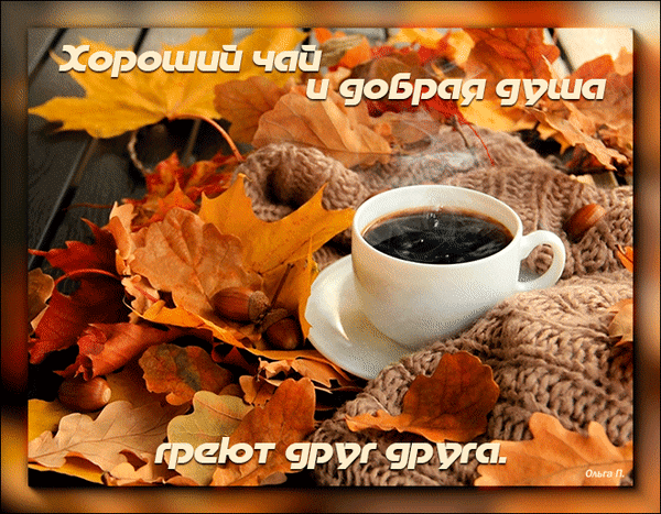Уютная осенняя картинка с чашкой чая, кленовыми листьями и пледом. Надпись: «Хороший чай и добрая душа греют друг друга». Идеально для осеннего настроения. Анимированная открытка Чай для тебя Уютная осенняя композиция с чашкой горячего черного чая, расположенной на фоне ярких кленовых листьев и мягкого вязаного пледа. Изображение пропитано атмосферой тепла, спокойствия и домашнего уюта. Текст на картинке гласит: «Хороший чай и добрая душа греют друг друга», что делает это изображение идеальным для пожеланий, осеннего настроения и душевных открыток