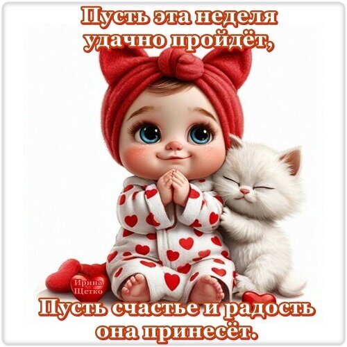 Милая открытка с малышом и котенком: «Пусть эта неделя удачно пройдет, пусть счастье и радость она принесет». Пожелание удачной недели и позитива! Открытка Удачной недели! Милая и вдохновляющая открытка с изображением очаровательного малыша в красной шапочке с бантом и белого пушистого котенка. Ребенок одет в пижаму с красными сердечками. На картинке размещена мотивирующая надпись на русском языке: «Пусть эта неделя удачно пройдет, пусть счастье и радость она принесет». Идеальное изображение для пожелания хорошей недели, доброго утра или позитивного настроения в социальных сетях (WhatsApp, Telegram, VK)