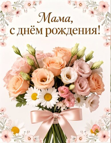 Поздравительная открытка «Мама, с днем рождения!» с нежным букетом роз, лизиантусов и ромашек. Красивое цифровое поздравление для любимой мамы. Открытка Мама, с днем рождения! Красивая поздравительная открытка к дню рождения мамы. В центре композиции — пышный и нежный букет из персиковых роз, белых лизиантусов и ромашек, перевязанный атласной розовой лентой. На светлом фоне элегантная надпись на русском языке: «Мама, с днем рождения!». Картинка украшена изящным цветочным орнаментом по краям, создавая атмосферу тепла, любви и праздника
