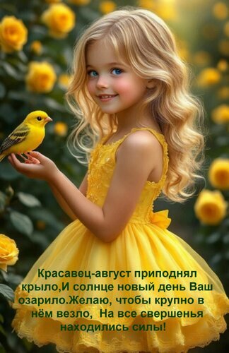 Милая девочка в желтом платье с птичкой и вдохновляющее пожелание на август. Красивая открытка для доброго утра и летнего настроения. Открытка Красавец-август приподнял крыло, И солнце новый день Ваш озарило. Желаю, чтобы крупно в нем везло... Прекрасное и вдохновляющее изображение маленькой девочки с золотистыми волосами в ярком желтом платье, которая держит на руке маленькую желтую птичку. Девочка улыбается, создавая атмосферу нежности, радости и тепла. Фон украшен мягкими желтыми цветами, напоминающими солнечный свет. На картинке нанесен поздравительный текст на русском языке: «Красавец-август приподнял крыло, И солнце новый день Ваш озарило. Желаю, чтобы крупно в нем везло, На все свершенья находились силы!»