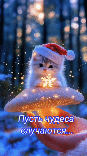 Сказочная зимняя открытка: милый котенок в шапке Санты на светящемся грибе в волшебном лесу. Надпись: Пусть чудеса случаются.... Идеально для поздравлений! Анимированная открытка Пусть чудеса случаются... Милая и сказочная зимняя открытка с маленьким пушистым котенком в красной шапке Санта-Клауса. Котенок сидит на большом светящемся грибе в волшебном лесу, держа в лапках сияющую снежинку. Вокруг царит атмосфера зимнего волшебства с мягким боке, мерцающими огоньками и падающим снегом. На изображении видна надпись на русском языке: 