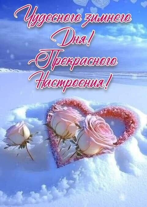 Зимняя открытка с розовыми розами и сердцем на снегу. Надпись: «Чудесного зимнего дня! Прекрасного настроения!» — идеальное зимнее пожелание. Открытка Чудесного зимнего дня Красивая поздравительная открытка с зимним пейзажем. На фоне заснеженного поля под голубым небом расположено большое сердце, выложенное из розовых лепестков или мелких цветов. Внутри сердца и рядом с ним лежат нежные розовые розы. Сверху на картинке на русском языке написан красивый каллиграфический текст: Чудесного зимнего Дня! Прекрасного Настроения!