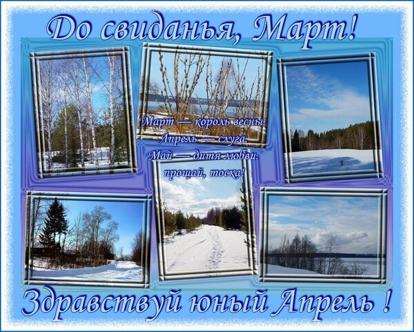 Весенний коллаж «До свидания, Март! Здравствуй, юный Апрель!». Красивая открытка с цитатой о временах года и заснеженными пейзажами природы. Открытка До свидания, Март! Здравствуй, Апрель! Коллаж с весенними пейзажами, посвященный смене сезонов. На изображении представлены заснеженные леса, березы и голубое небо. Текст на картинке гласит: «До свидания, Март! Здравствуй, юный Апрель!». Цитата в центре описывает месяцы: «Март — король весны, Апрель — слуга, Май — дитя любви. Прощай, тоска!»