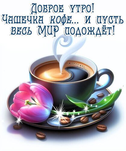 Доброе утро! Красивая открытка с чашкой горячего кофе, розовыми тюльпанами и уютной фразой «Пусть весь мир подождет». Идеально для утреннего пожелания. Открытка Утро Красивая открытка с надписью «Доброе утро! Чашечка кофе... и пусть весь МИР подождет!». На изображении представлена чашка горячего кофе с аппетитной пенкой, от которой исходит пар. Рядом с чашкой на блюдце лежат нежные розовые тюльпаны, кофейные зерна и серебристая ложка Доброе утро! Красивая открытка с чашкой горячего кофе, розовыми тюльпанами и уютной фразой «Пусть весь мир подождет». Идеально для утреннего пожелания. Открытка Утро Красивая открытка с надписью «Доброе утро! Чашечка кофе... и пусть весь МИР подождет!». На изображении представлена чашка горячего кофе с аппетитной пенкой, от которой исходит пар. Рядом с чашкой на блюдце лежат нежные розовые тюльпаны, кофейные зерна и серебристая ложка