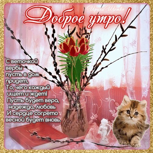 Открытка «Доброе утро!» с тюльпанами, ветками вербы и милым котенком. Красивое пожелание веры, надежды и любви в весеннем настроении. Открытка Доброго Утра! Красивая поздравительная открытка с надписью «Доброе утро!». На изображении представлен нежный букет из красных тюльпанов и веток вербы в вазе на фоне светлых занавесок. Композицию дополняют милый пушистый котенок, небольшая фигурка ангела и красная книга. На открытке размещено трогательное стихотворение о вере, надежде и любви, которое желает прихода весны в каждый дом