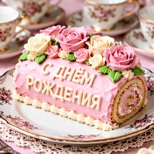 Праздничный торт-рулет с надписью «С ДНЕМ РОЖДЕНИЯ», украшенный розовыми и белыми кремовыми розами. Элегантный десерт для идеального праздника. Открытка С днем рождения Красивый праздничный торт-рулет, украшенный нежным розовым кремом и искусными цветами из крема (розами) розового и белого цветов. На торте надпись на русском языке «С ДНЕМ Рождения», выполненная светлым кремом. Десерт подан на изысканной фарфоровой тарелке с цветочным узором в классическом стиле. Композиция дополнена чашками для чая, создавая атмосферу элегантного чаепития или праздничного чаепития в английском стиле