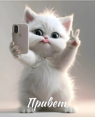 Милый белый котенок делает селфи и показывает жест «мир», на картинке надпись «Привет». Гиперреалистичное изображение для обоев и открыток. Открытка Привет Милое цифровое изображение пушистого белого котенка, который делает селфи. Маленький котенок с большими выразительными глазами держит смартфон одной лапкой, а другой показывает жест «V» (мир/победа). На картинке также присутствует надпись «Привет» на русском языке. Изображение выполнено в высоком качестве с мягким освещением, создающим эффект гиперреалистичной 3D-анимации