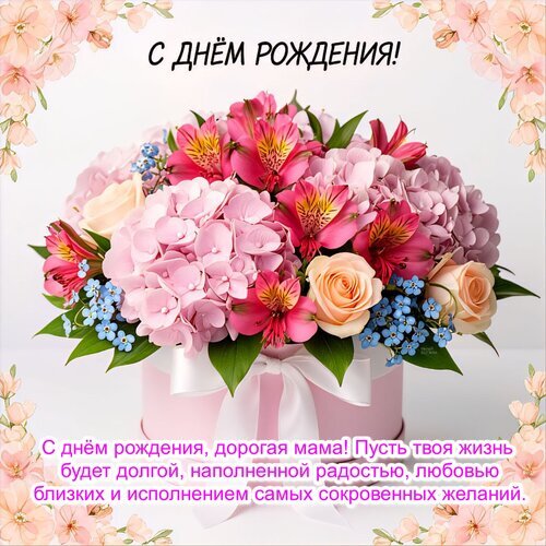 Поздравительная открытка «С днем рождения, дорогая мама!» с красивым букетом розовых цветов в коробке. Трогательное пожелание любви и радости. Открытка С днем рождения! Красивая поздравительная открытка к дню рождения с роскошным букетом розовых цветов. На изображении представлен пышный флористический композиция из розовых гортензий, альстромерий и нежных роз в стильной розовой подарочной коробке с атласным бантом. В верхней части красуется надпись «С ДНЕМ РОЖДЕНИЯ!», а в нижней части — трогательное пожелание для мамы: «С днем рождения, дорогая мама! Пусть твоя жизнь будет долгой, наполненной радостью, любовью близких и исполнением самых сокровенных желаний»