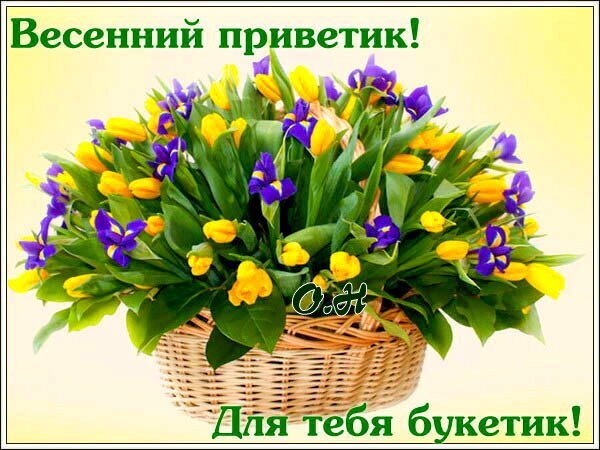Весенняя открытка с букетом желтых тюльпанов и фиолетовых ирисов в корзинке. Надписи: «Весенний приветик! Для тебя букетик!». Идеально для поздравлений. Открытка Весенний приветик! Красочная поздравительная открытка с пышным букетом весенних цветов в плетеной корзинке. На изображении представлены яркие желтые тюльпаны и фиолетовые ирисы, создающие праздничное настроение. Сверху расположена надпись на русском языке «Весенний приветик!», а снизу — «Для тебя букетик!»