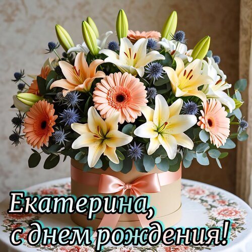 Пышный букет лилий и гербер в подарочной коробке с надписью «Екатерина, с днем рождения!». Идеальное поздравление для женщины. Открытка Екатерина, с днем рождения! Красивый и пышный букет цветов в стильной подарочной коробке. Композиция включает нежные лилии кремового и персикового оттенков, яркие герберы и акценты из синего чертополоха. Идеальный вариант для поздравления с днем рождения. На картинке видна поздравительная надпись на русском языке: Екатерина, с днем рождения!
