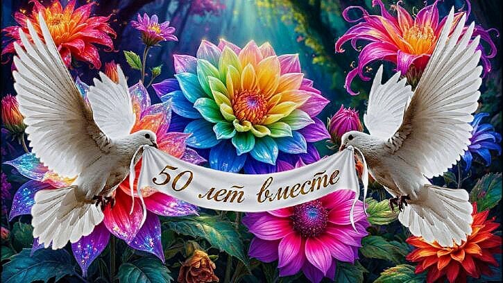 Праздничная открытка к 50-летию свадьбы: два белых голубя с лентой «50 лет вместе» на фоне ярких цветов. Поздравление с золотой свадьбой. Открытка 50 лет вместе Красочное праздничное изображение к юбилею свадьбы «50 лет вместе». На фоне ярких, пышных цветов — георгинов и астр в разноцветных оттенках — два белых голубя летят навстречу друг другу, держа в клювах ленту с надписью «50 лет вместе». Символичная открытка, олицетворяющая мир, любовь и долголетие супружеского союза