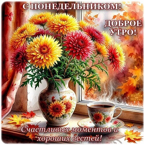 Открытка «С понедельником! Доброе утро!» с букетом хризантем и чашкой кофе. Желаем счастливых моментов и хороших вестей! Красивое осеннее пожелание. Открытка Доброе утро! Красивая поздравительная открытка к понедельнику с пышным букетом осенних хризантем в вазе. На изображении уютная композиция: яркие желтые и розовые цветы, чашка ароматного кофе и осенние листья за окном. Текст на картинке: С понедельником! Доброе утро! Счастливых моментов и хороших вестей!
