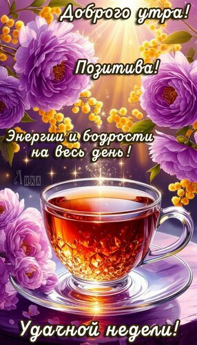 Открытка на доброе утро: чашка чая, фиолетовые цветы и пожелания позитива, энергии и удачной недели. Яркое изображение для хорошего настроения! Открытка Удачной недели Красивая поздравительная открытка для доброго утра с изображением чашки ароматного чая и нежных фиолетовых цветов. На картинке расположены вдохновляющие надписи на русском языке: «Доброго утра! Позитива! Энергии и бодрости на весь день! Удачной недели!». Иллюстрация наполнена солнечным светом, теплыми бликами и яркими красками, создавая атмосферу уюта, бодрости и отличного настроения Открытка на доброе утро: чашка чая, фиолетовые цветы и пожелания позитива, энергии и удачной недели. Яркое изображение для хорошего настроения! Открытка Удачной недели Красивая поздравительная открытка для доброго утра с изображением чашки ароматного чая и нежных фиолетовых цветов. На картинке расположены вдохновляющие надписи на русском языке: «Доброго утра! Позитива! Энергии и бодрости на весь день! Удачной недели!». Иллюстрация наполнена солнечным светом, теплыми бликами и яркими красками, создавая атмосферу уюта, бодрости и отличного настроения