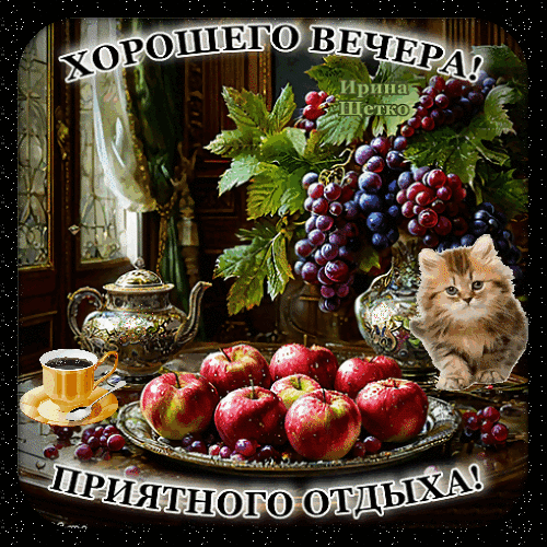 Открытка «Хорошего вечера и приятного отдыха!» с натюрмортом из винограда, яблок, чашкой кофе и милым котенком. Уютное пожелание доброго вечера. Анимированная открытка Добрый вечер! Красивая поздравительная открытка с надписью «Хорошего вечера! Приятного отдыха!». На изображении представлен натюрморт: пышная гроздь красного и синего винограда, спелые красные яблоки на серебряном блюде, изысканный серебряный чайник и чашка кофе. Композицию дополняет милый пушистый котенок, создающий атмосферу уюта и тепла Открытка «Хорошего вечера и приятного отдыха!» с натюрмортом из винограда, яблок, чашкой кофе и милым котенком. Уютное пожелание доброго вечера. Анимированная открытка Добрый вечер! Красивая поздравительная открытка с надписью «Хорошего вечера! Приятного отдыха!». На изображении представлен натюрморт: пышная гроздь красного и синего винограда, спелые красные яблоки на серебряном блюде, изысканный серебряный чайник и чашка кофе. Композицию дополняет милый пушистый котенок, создающий атмосферу уюта и тепла