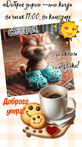 Милая открытка «Доброе утро!»: котик в кроксах, кофе и печенье. Пожелание доброго утра в субботу для хорошего настроения в выходной день. Анимированная открытка Доброго утра! Доброе утро - это когда на часах 11-00, на календаре суббота, а за окном солнышко! Милая и уютная открытка на доброе утро с изображением спящего котика в голубых кроксах. На картинке также присутствуют чашка ароматного кофе, печенье с улыбающимися мордашками и яркое солнышко. Текст на русском языке гласит: «“Доброе утро” — это когда на часах 11:00, на календаре СУББОТА, а за окном солнышко! Доброго утра!»