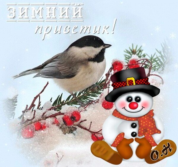 Зимняя открытка с милой синицей на ветке с ягодами и улыбающимся снеговиком в шляпе. Надпись «ЗИМНИЙ приветик!». Идеально для зимнего поздравления. Открытка Зимний привет! Милая зимняя открытка с изображением маленькой синицы, сидящей на заснеженной еловой ветке с красными ягодами. Рядом расположен очаровательный улыбающийся снеговик в черном цилиндре с золотой пряжкой и оранжевом шарфе. На фоне светлого зимнего неба надпись «ЗИМНИЙ приветик!» Зимняя открытка с милой синицей на ветке с ягодами и улыбающимся снеговиком в шляпе. Надпись «ЗИМНИЙ приветик!». Идеально для зимнего поздравления. Открытка Зимний привет! Милая зимняя открытка с изображением маленькой синицы, сидящей на заснеженной еловой ветке с красными ягодами. Рядом расположен очаровательный улыбающийся снеговик в черном цилиндре с золотой пряжкой и оранжевом шарфе. На фоне светлого зимнего неба надпись «ЗИМНИЙ приветик!»